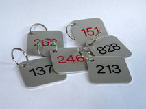 individuelle Schlüsselanhänger aus  Aluminium matt 2 mm mit gravierten und farbig ausgelegten Nummern
