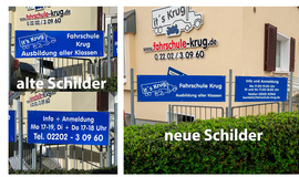 Herstellung und Austausch vorhandener Werbeschilder der Fahrschule Krug in Bergisch Gladbach
