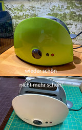 Unser Toaster war nach jahrelangem Gebrauch nicht mehr schön. Folie hilft.