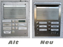 Gestaltung, Herstellung und Montage einer Edelstahlklingelschilplatte mit Edelstahlklingelknöpfen und Lasergravur der Hausnummer
